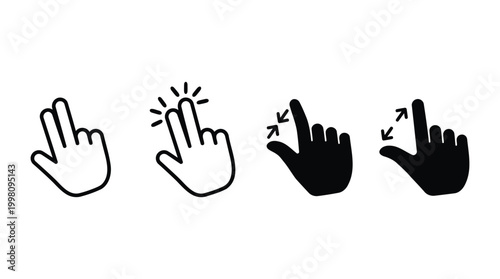 Black and white hand gesture icons featuring double finger click and zoom pinch movements.