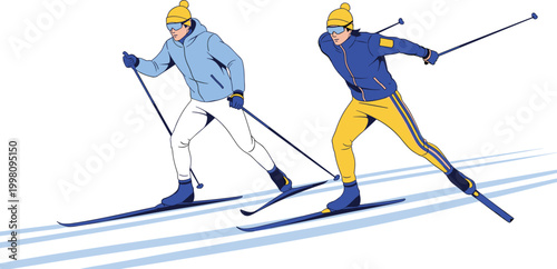 Cross-Country Skiing Vector Set with Athletes in Winter Gear for Snow Sports and Winter Activity Designs