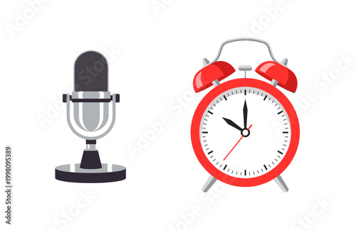Vector illustration of a microphone and a red alarm clock on a white background