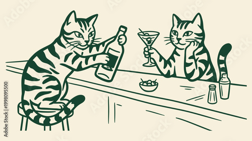 Cats serving drinks at counter with bottle and cocktail glass vector line art illustration.