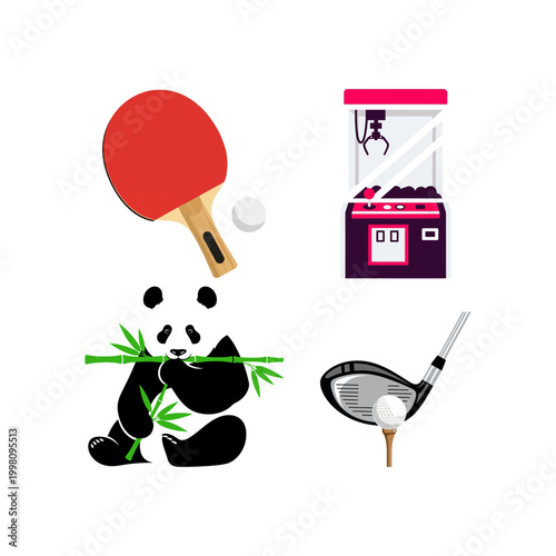 Dynamic vector illustration set showcasing recreational activities like golf, table tennis, a claw game, and a charming panda graphic