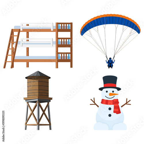Vector graphics of a bunk bed, water tower, paraglider, and snowman