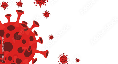 Illustration of a large red COVID-19 virus particle with smaller particles floating around it on a white background.