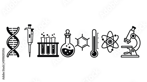 Collection of science and laboratory icons including dna pipette flask atom and microscope.
