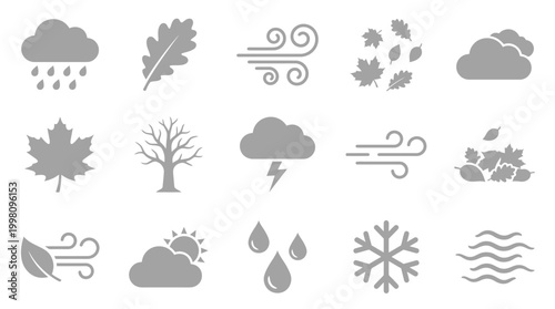 Collection of weather and season icons including rain, wind, leaves, clouds, sun, lightning, snowflake, and water.