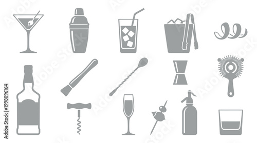 A collection of grey icons representing various bar tools and cocktail ingredients, including a martini glass, shaker, bottle, and ice bucket.