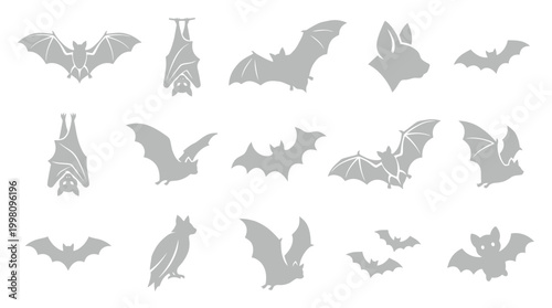 Collection of Silhouetted Bats in Various Poses and Styles, Including Flying and Hanging Upside Down.
