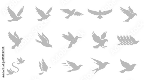 Fotografía Collection of Silhouetted Dove Icons in Various Flight Poses.
