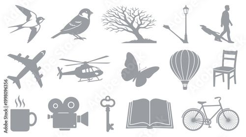 A collection of diverse silhouette icons representing various objects and concepts, including transportation, nature, and everyday items.