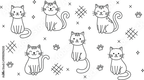 Cute Cat Icon Set Featuring Adorable Hand-Drawn Cats with Whiskers, Paws, and Playful Patterns for Pet, Animal, and Illustration Themes