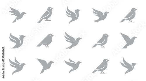 A collection of 15 stylized grey bird icons, depicting various poses of flight and perching, suitable for graphic design elements.