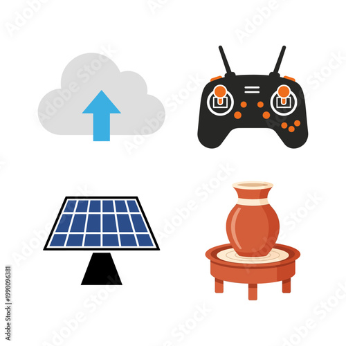 Set of four vector icons representing technology and creative hobby with cloud upload drone control solar panel pottery