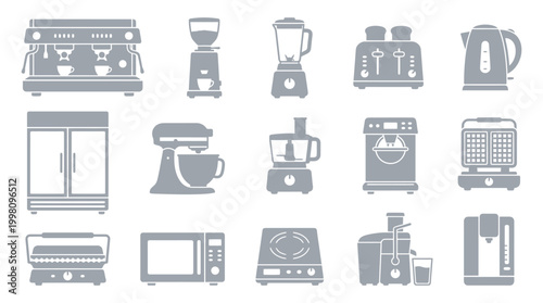 A collection of kitchen appliances and home electronics, including coffee makers, blenders, toasters, kettles, refrigerators, mixers, food processors, and microwaves.