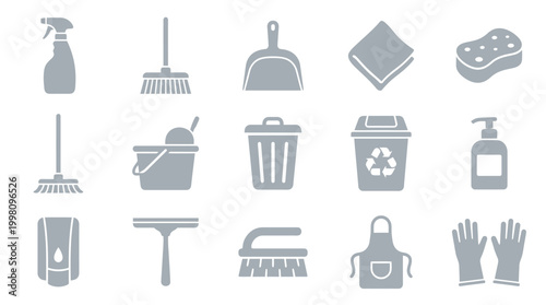 A collection of cleaning supplies and tools, including a spray bottle, broom, dustpan, cloth, sponge, bucket, trash cans, soap dispenser, squeegee, brush, apron, and gloves.
