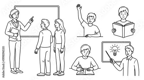 Education concept vector illustration, teacher guiding students in a classroom, students learning, concept of knowledge, brainstorming, and studying