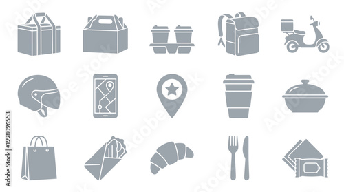 Collection of delivery service icons including food packaging, a scooter, a helmet, a map, and various food items.