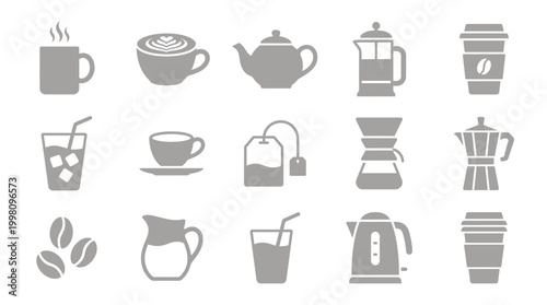 Collection of various hot and cold beverages and coffee-making equipment icons, presented in a simple, modern, gray silhouette style.