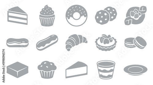 A collection of various sweet pastries and desserts, including cakes, cupcakes, donuts, cookies, eclairs, croissants, tarts, macarons, brownies, muffins, and a tiramisu
