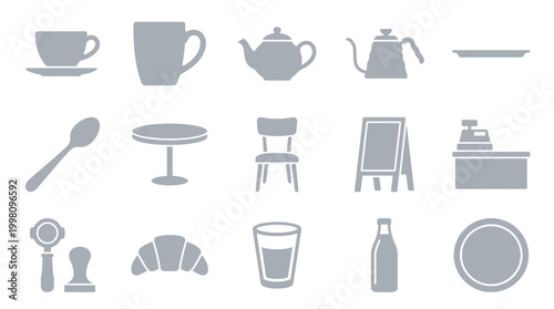 A collection of simple, flat grey icons representing various elements commonly found in a cafe or coffee shop setting.