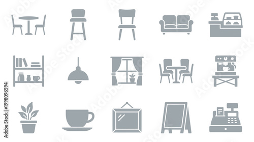 A collection of 15 flat gray icons representing various elements found in a cafe or restaurant setting, including furniture, decor, and service items.