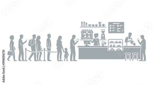 A long queue of diverse people waiting patiently in a coffee shop to order and receive their beverages from baristas behind the counter.