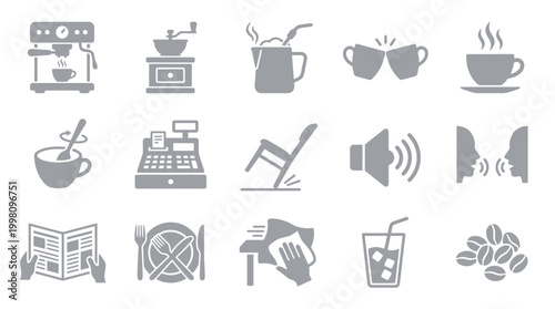 A collection of 15 grey icons representing various aspects of a coffee shop or cafe experience, including coffee making, service, and ambiance.