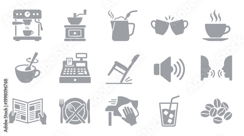 A collection of 15 grey icons representing various aspects of a coffee shop or cafe experience, including coffee making, dining, and ambiance.