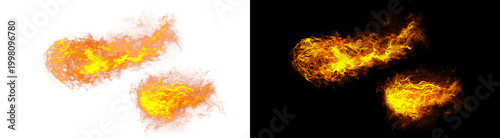 PNG image of Two vibrant, dynamic abstract fire bursts with bright orange and yellow intense glowing flames on transparent background. on transparent background