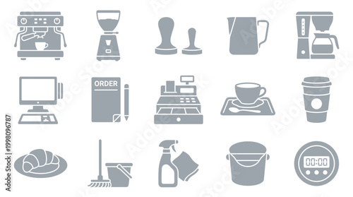 A collection of 15 grey icons representing various items and equipment commonly found in a coffee shop or cafe setting.