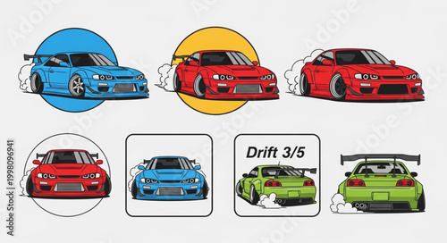 Set of stylized sports cars performing drifts.