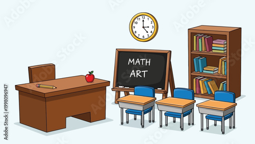 Classroom scene with desks chalkboard and bookshelves educational illustration