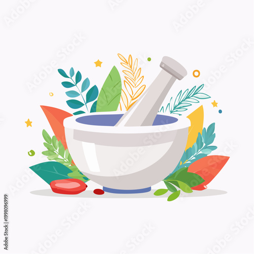 Mortar and Pestle with Herbs and Leaves