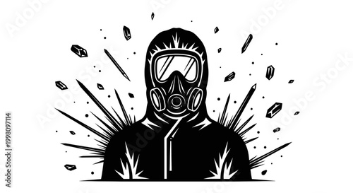 hazmat suit worker facing danger in a hazardous environment surrounded by debris illustrating crisis safety and protection needs.