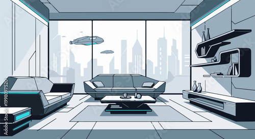Futuristic living room with panoramic cityscape and flying vehicles