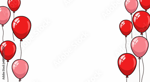 Festive red and pink balloons float on white background, suggesting celebration