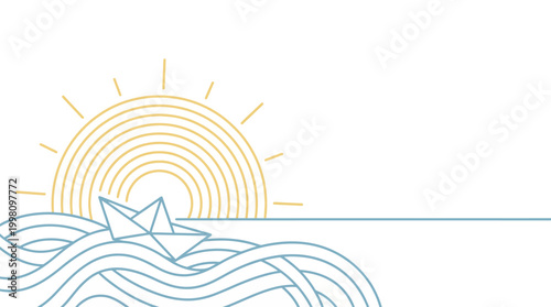 A minimalist illustration of a paper boat sailing on wavy water under a stylized sun.