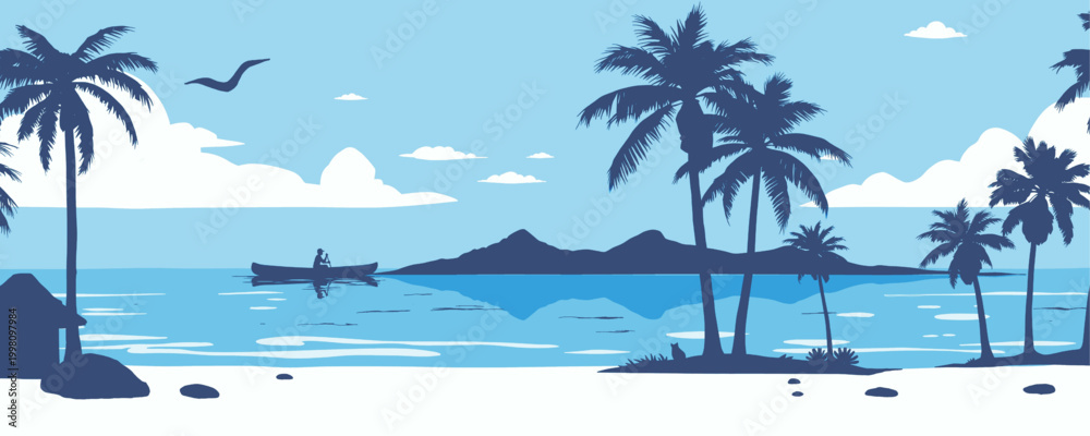 Obraz premium blue tropical beach landscape with palm trees canoe and calm ocean vector illustration