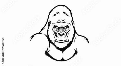 Fierce gorilla head, powerful chest, sharp lines, black and white illustration