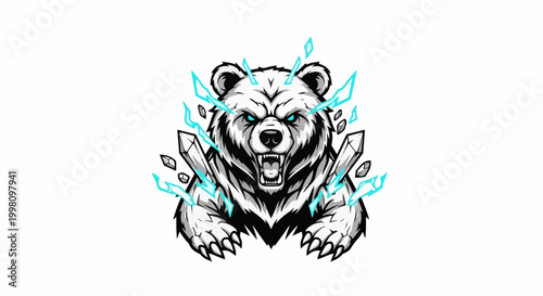 Fierce grizzly bear with glowing blue eyes and icy shards erupting