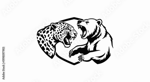 Fierce leopard and bear clash inside a hexagonal frame
