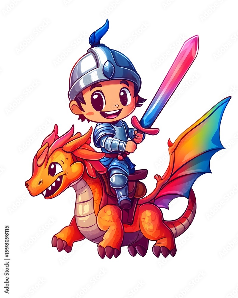 Fototapeta premium chibi fantasy characters wallpaper in cute kawaii magical anime style Playful Young Knight Riding Vibrant Cartoon Dragon with Colorful Sword in Fantasy Adventure Illustration