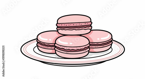 Four pink macarons stacked and arranged on a white plate with pink stripes
