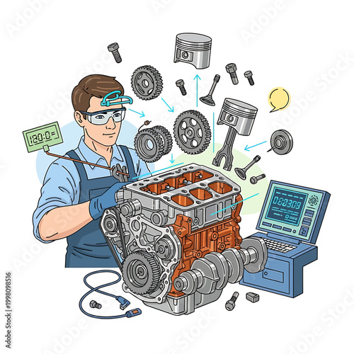 Automotive engineer utilizing smart glasses and diagnostic software for meticulous engine inspection, assembly, and advanced vehicle repair technology