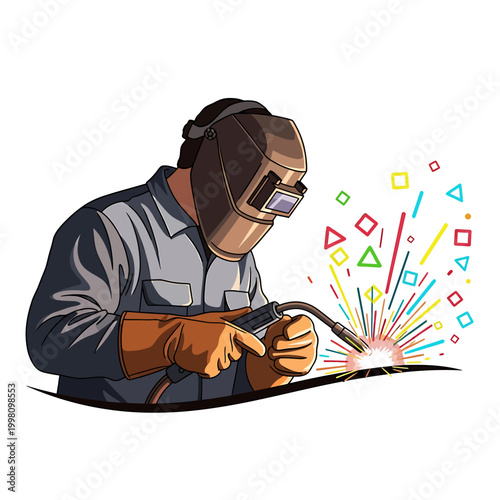 Skilled craftsman performing precise welding, generating a vibrant display of colorful sparks that represent the energy and modern artistry of industrial metal fabrication