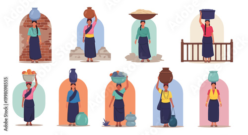Women Carrying Head Loads Vector Illustration Set
