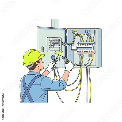 Electrician working on electrical panel with wires and tools, professional electrical maintenance and repair