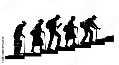 Life Journey and Aging Process Represented by People Climbing Stairs