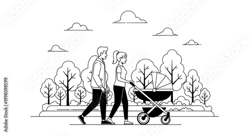 Parents Walking with Baby Stroller in Park Line Art
