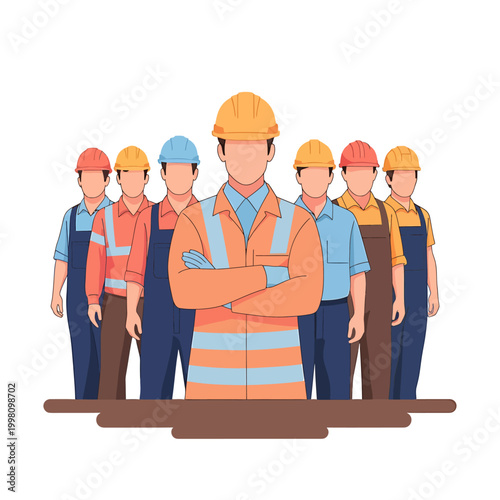 Diverse team of professional construction and industrial workers standing united, showcasing strong leadership and collaboration in challenging project environments