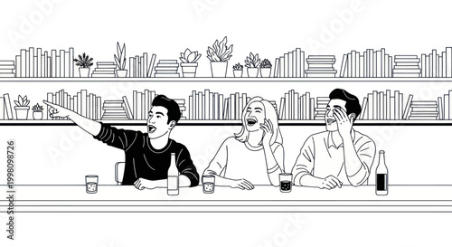 Friends laughing and pointing at something while sitting at a bar